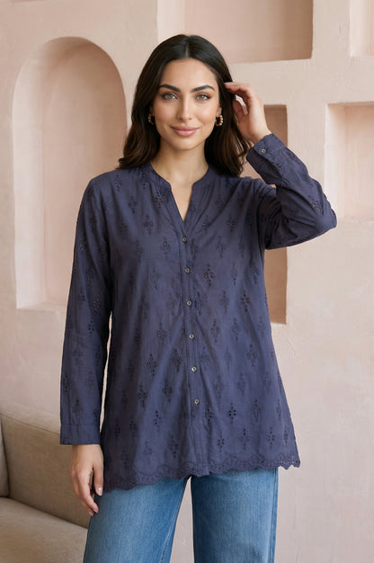 Navy Blue Schiffli Pure Cotton Straight Shirt