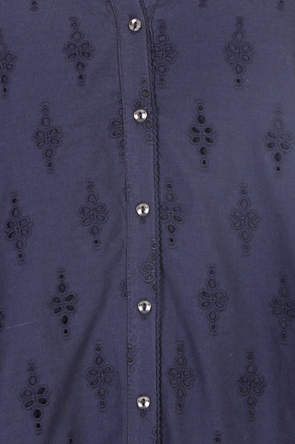 Navy Blue Schiffli Pure Cotton Straight Shirt
