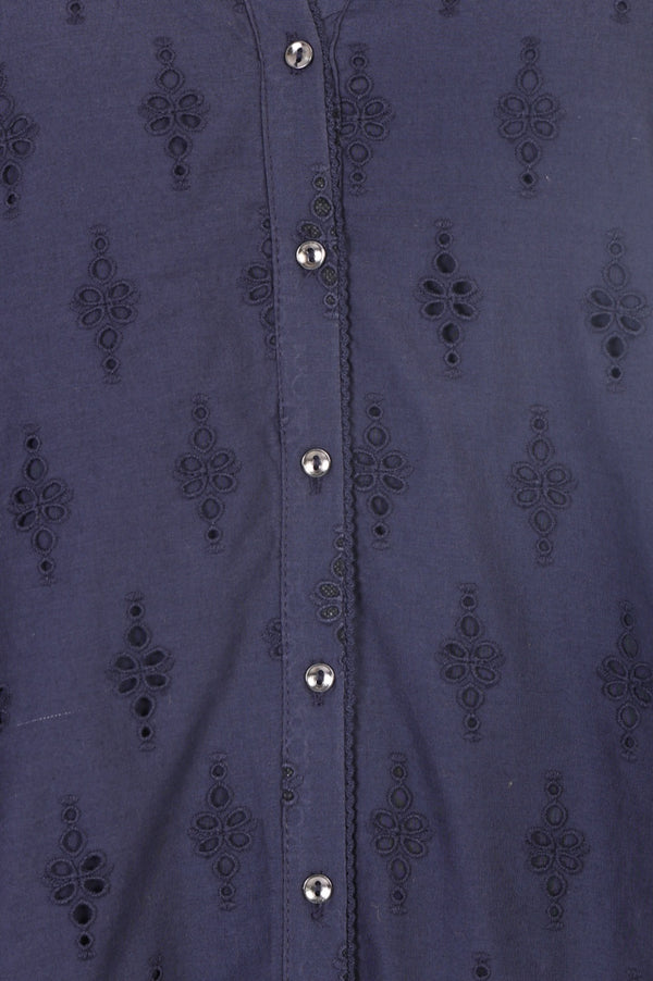 Navy Blue Schiffli Pure Cotton Straight Shirt