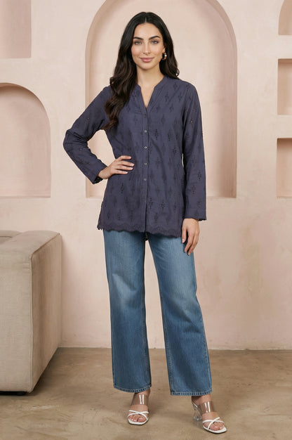 Navy Blue Schiffli Pure Cotton Straight Shirt