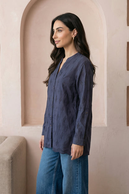 Navy Blue Schiffli Pure Cotton Straight Shirt