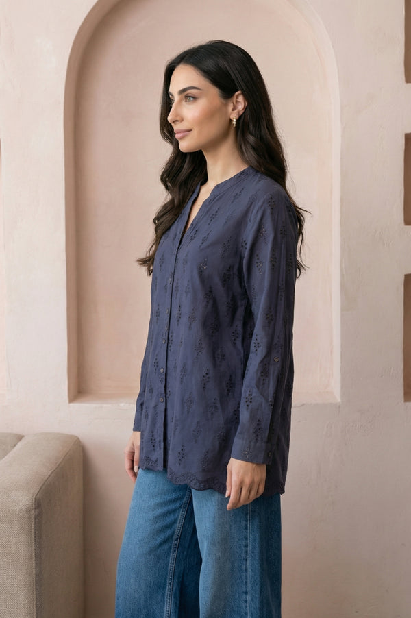 Navy Blue Schiffli Pure Cotton Straight Shirt