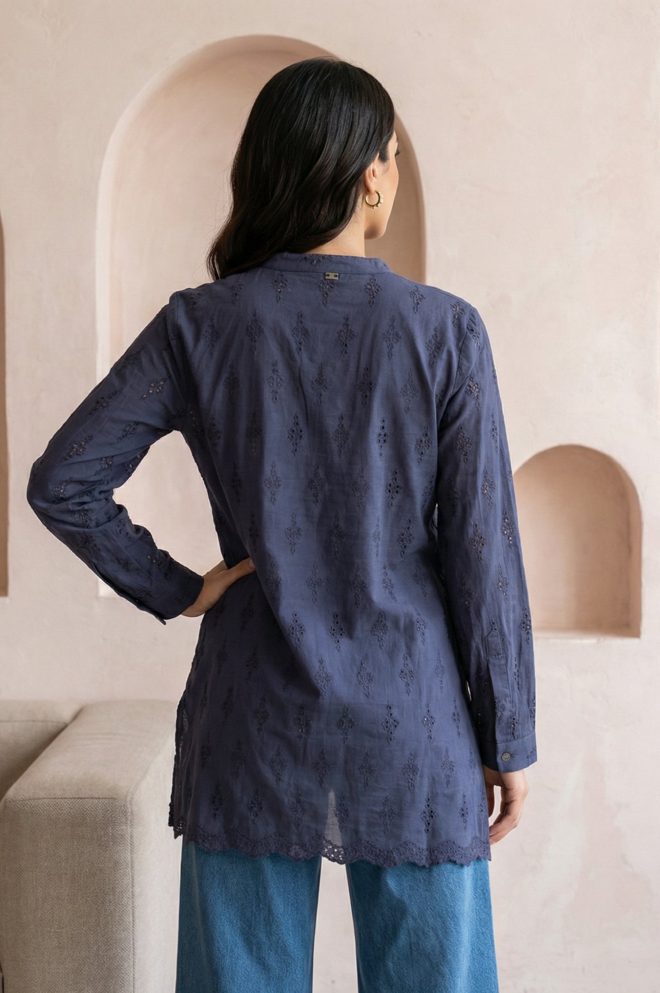 Navy Blue Schiffli Pure Cotton Straight Shirt