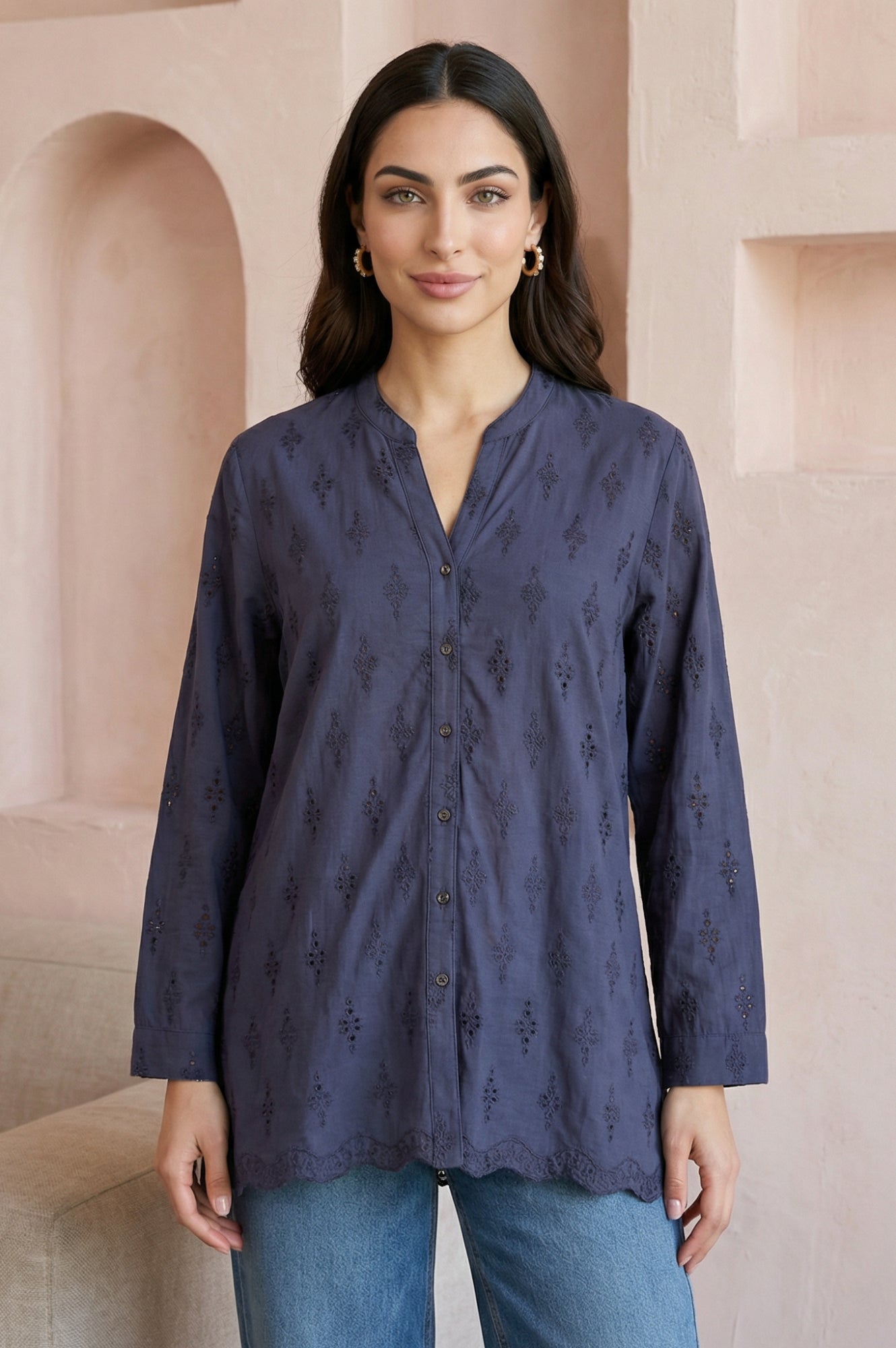 Navy Blue Schiffli Pure Cotton Straight Shirt