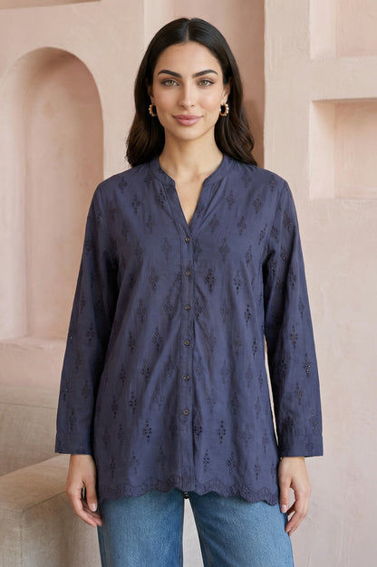 Navy Blue Schiffli Pure Cotton Straight Shirt