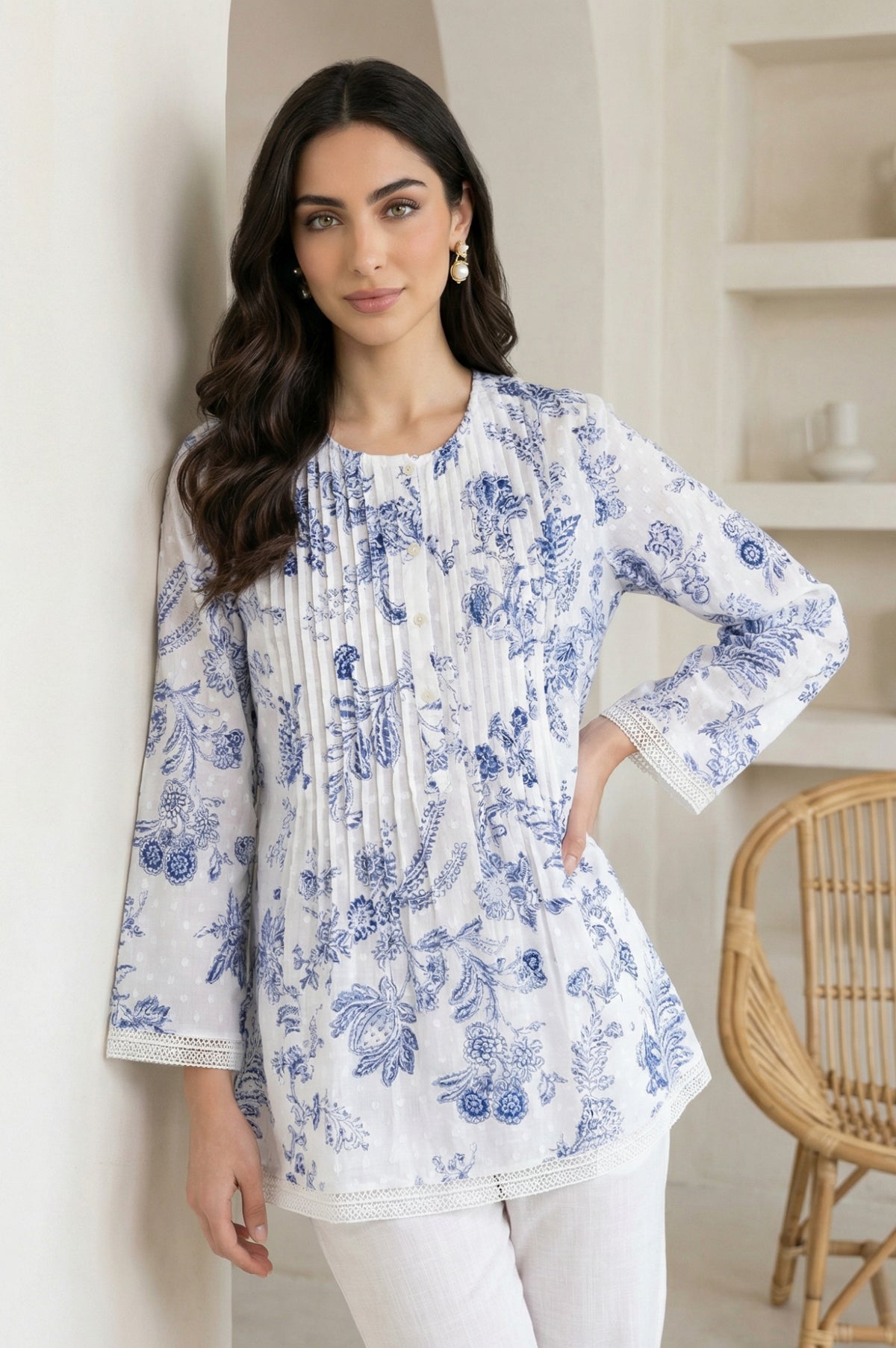 White Floral Printed Lace Pure Cotton Straight Top - XS