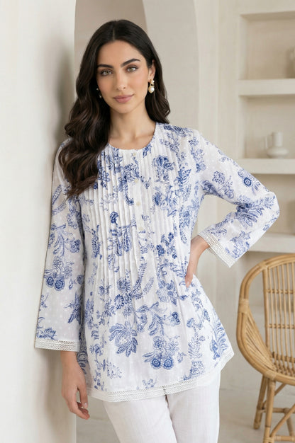 White Floral Printed Lace Pure Cotton Straight Top