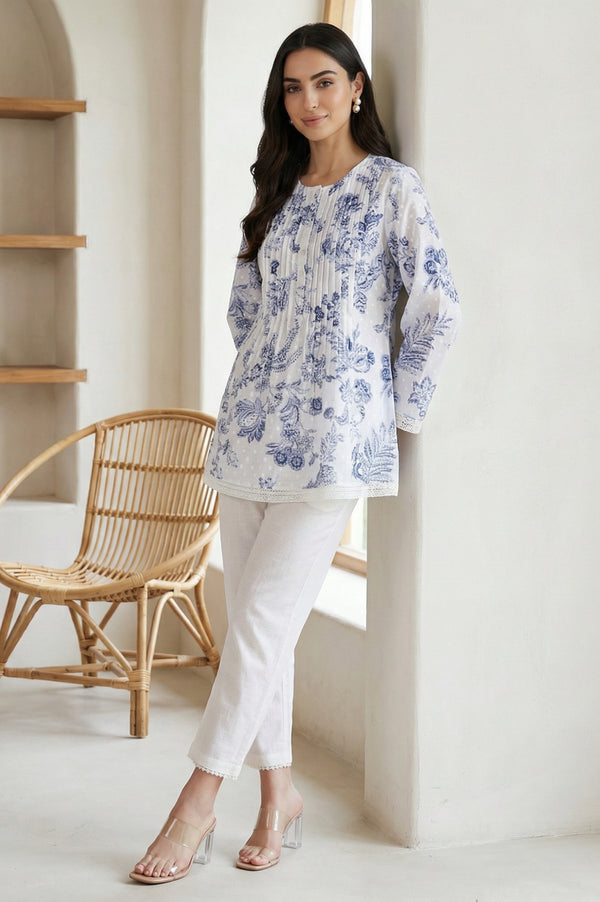 White Floral Printed Lace Pure Cotton Straight Top