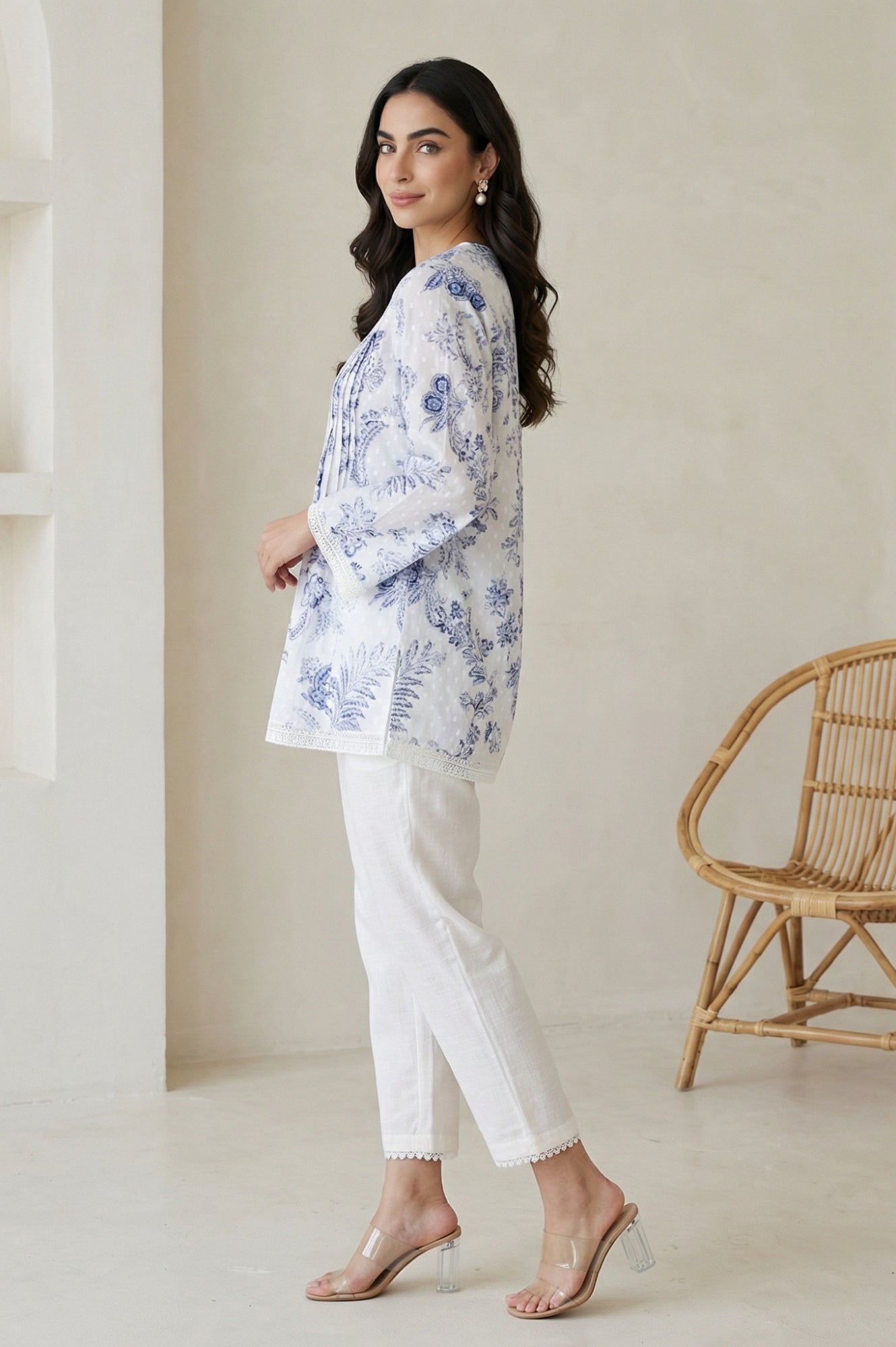 White Floral Printed Lace Pure Cotton Straight Top