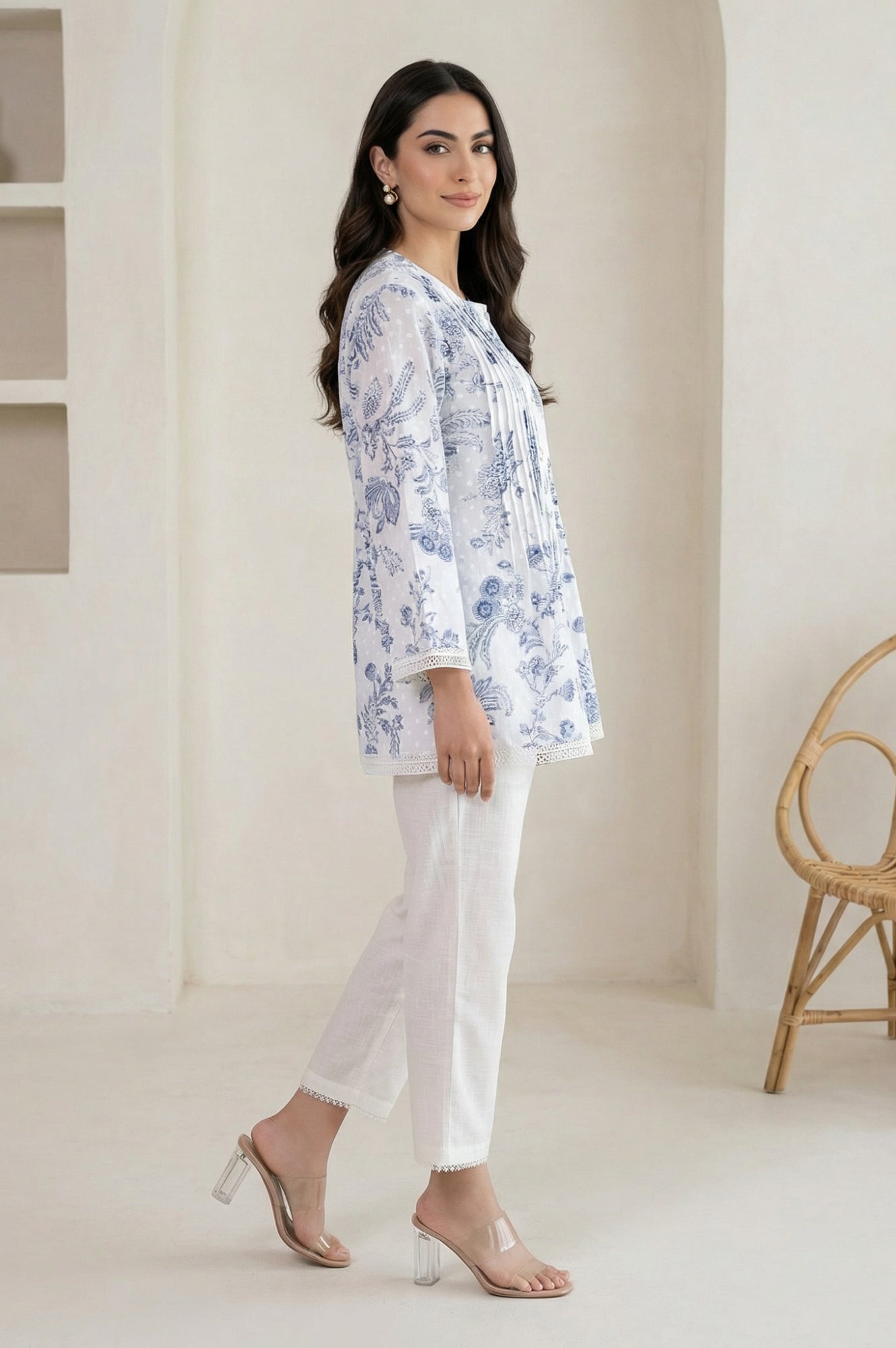 White Floral Printed Lace Pure Cotton Straight Top