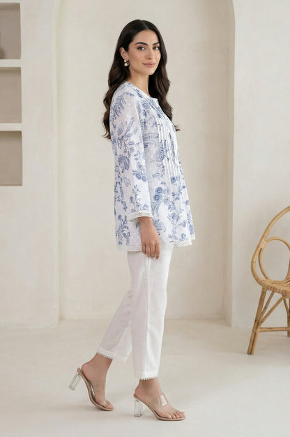 White Floral Printed Lace Pure Cotton Straight Top