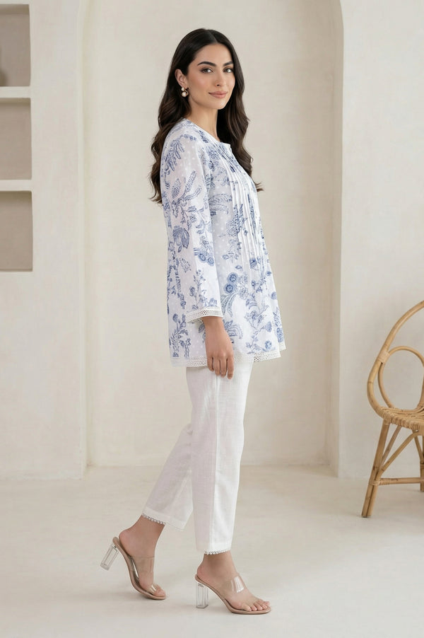 White Floral Printed Lace Pure Cotton Straight Top
