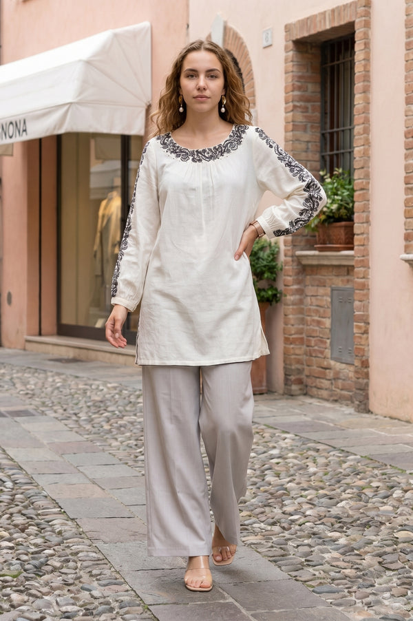 Off White Embroidered Cotton Flax Straight Top