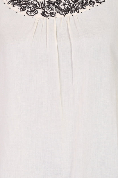 Off White Embroidered Cotton Flax Straight Top