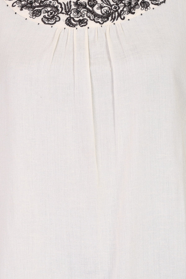 Off White Embroidered Cotton Flax Straight Top