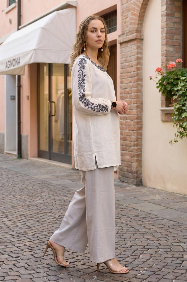 Off White Embroidered Cotton Flax Straight Top