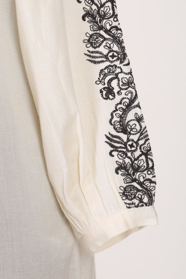 Off White Embroidered Cotton Flax Straight Top