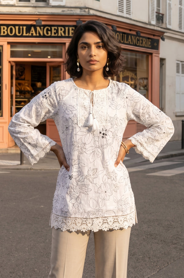 White Floral Printed Pure Cotton Straight Top
