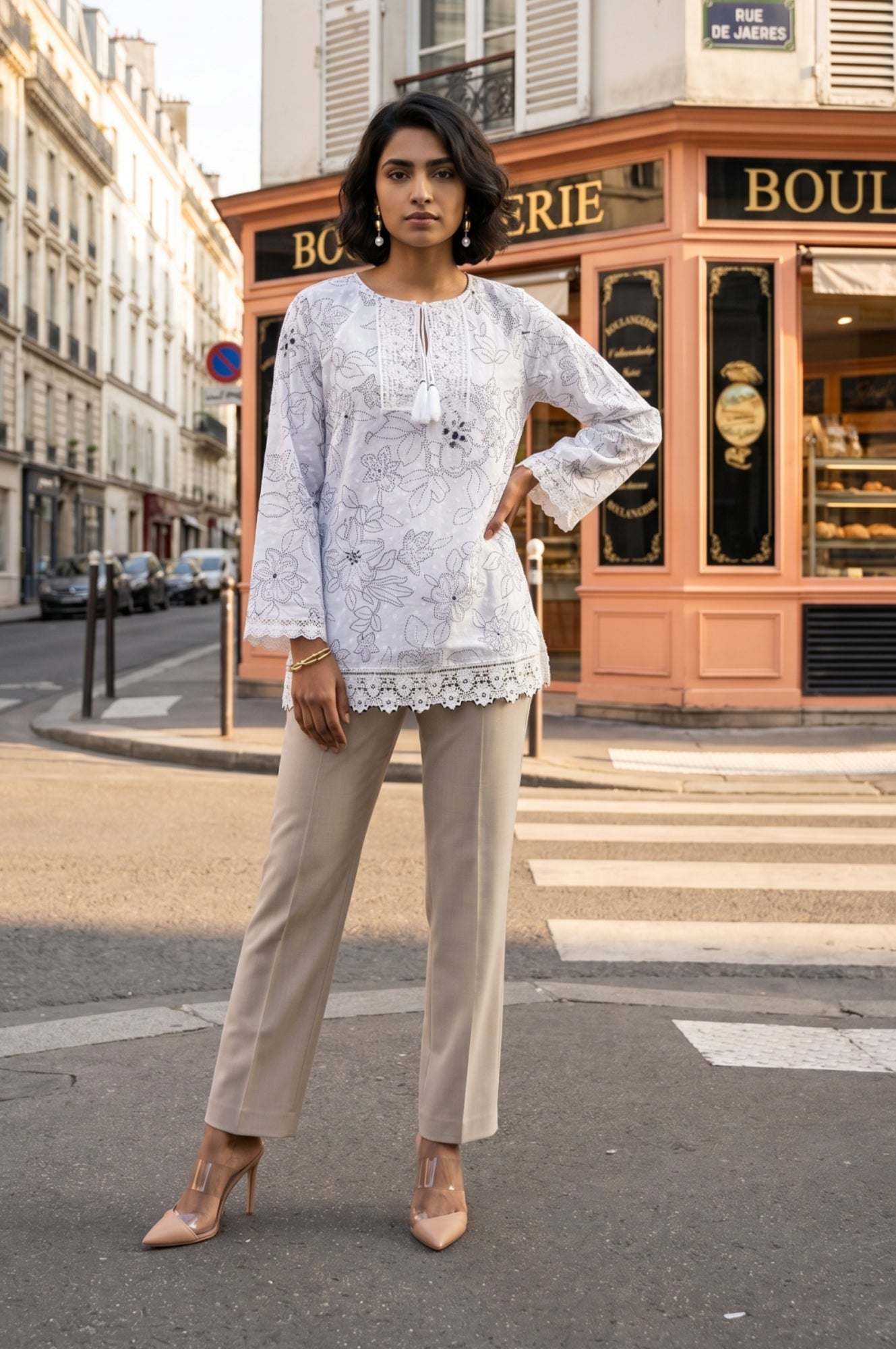 White Floral Printed Pure Cotton Straight Top
