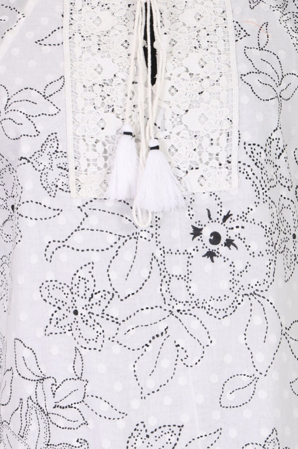 White Floral Printed Pure Cotton Straight Top
