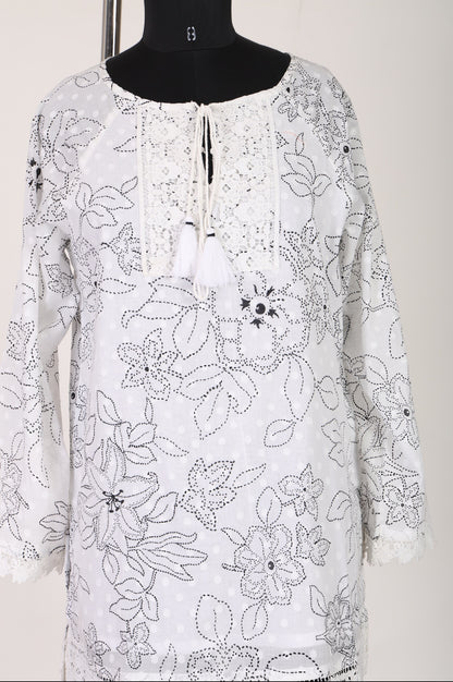 White Floral Printed Pure Cotton Straight Top