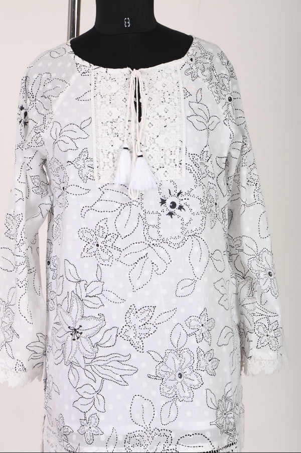 White Floral Printed Pure Cotton Straight Top