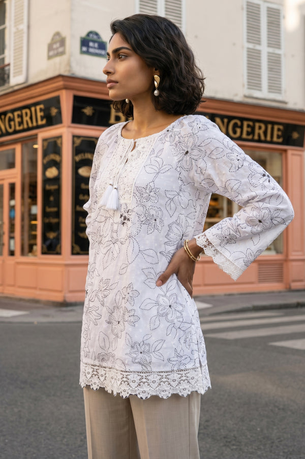 White Floral Printed Pure Cotton Straight Top