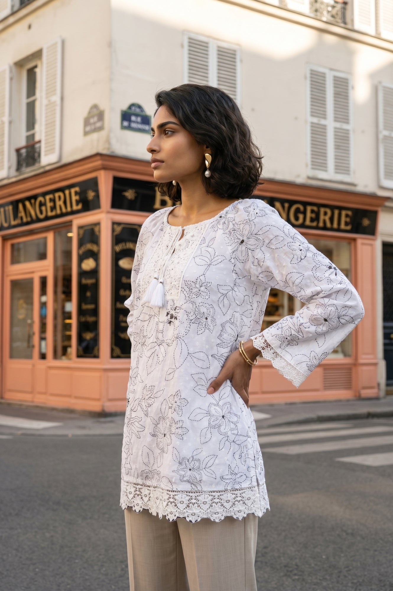 White Floral Printed Pure Cotton Straight Top