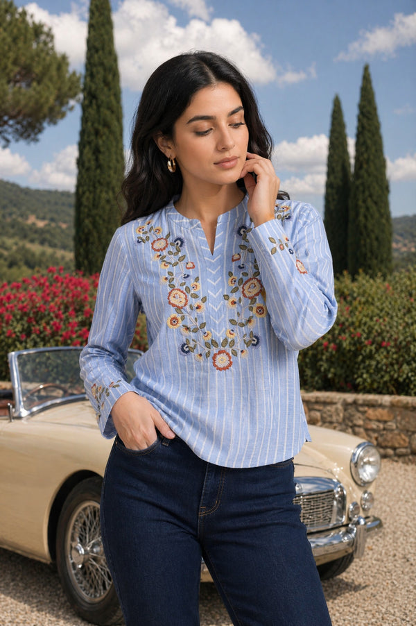 Light Blue Striped Embroidered Pure Cotton Hip-Length Top