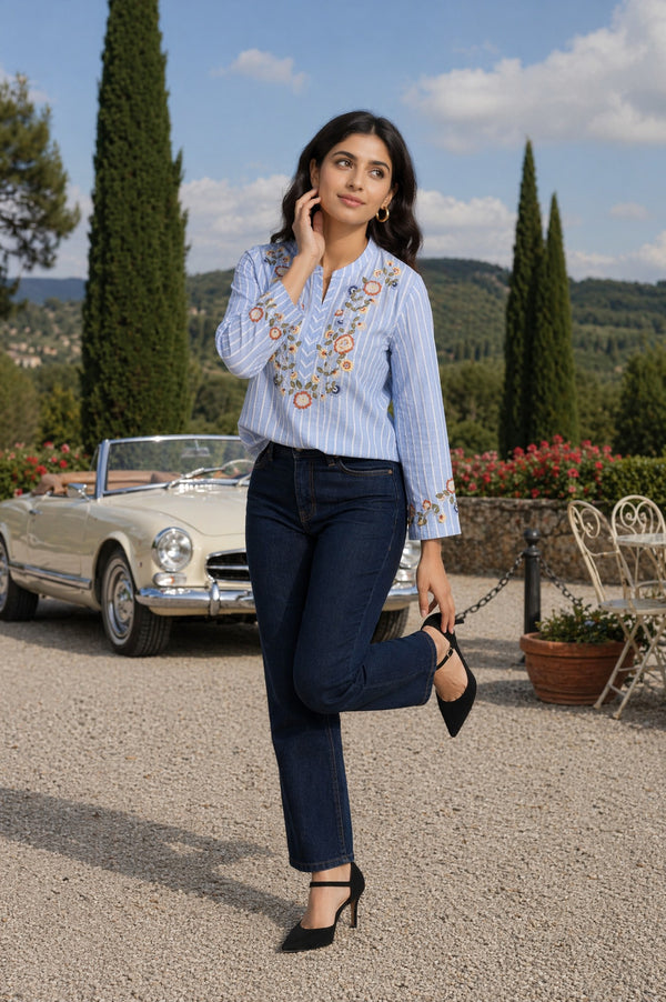 Light Blue Striped Embroidered Pure Cotton Hip-Length Top