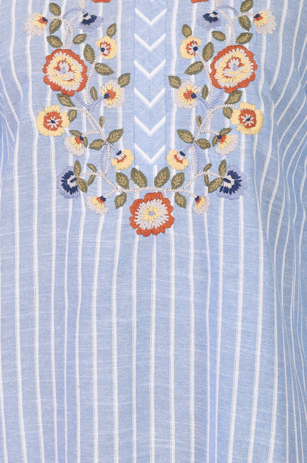 Light Blue Striped Embroidered Pure Cotton Hip-Length Top