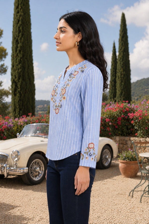 Light Blue Striped Embroidered Pure Cotton Hip-Length Top