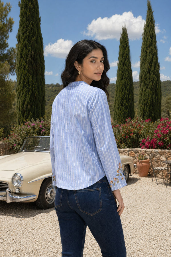 Light Blue Striped Embroidered Pure Cotton Hip-Length Top