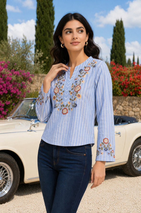 Light Blue Striped Embroidered Pure Cotton Hip-Length Top