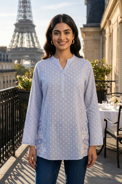 Light Blue Embroidered A-line Top