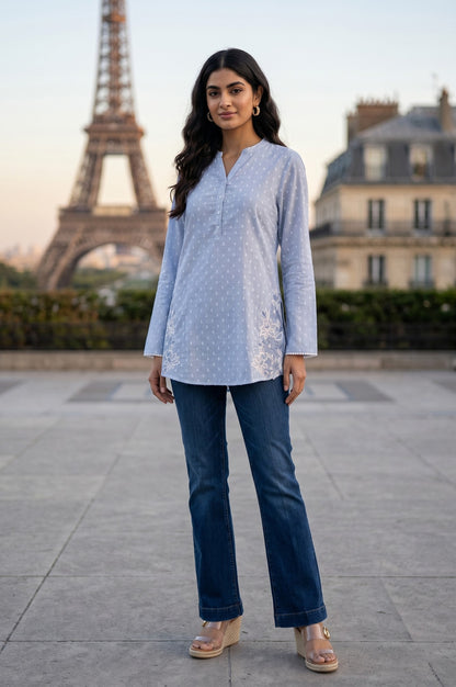 Light Blue Embroidered A-line Top