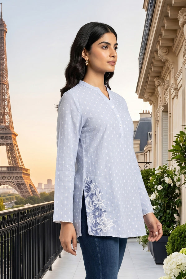 Light Blue Embroidered A-line Top