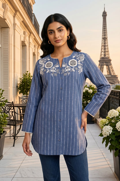 Blue Striped Embroidered Cotton Rayon Straight Top