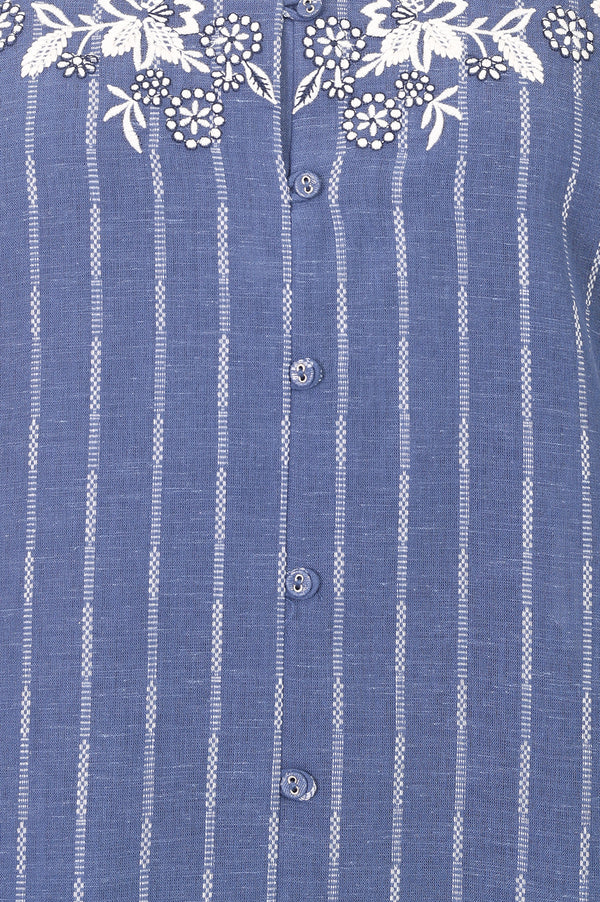 Blue Striped Embroidered Cotton Rayon Straight Top