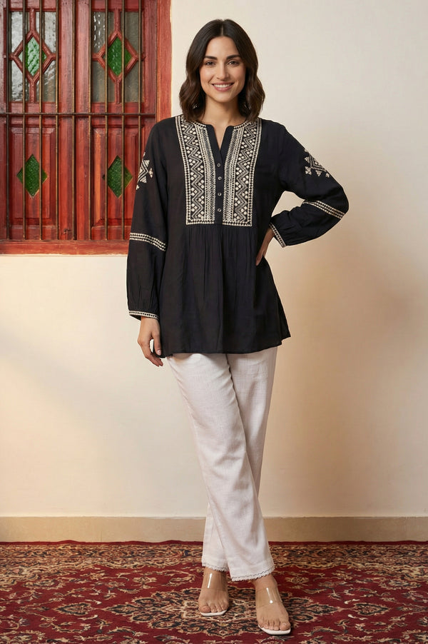 Black Ethnic Motifs Embroidered Straight Top
