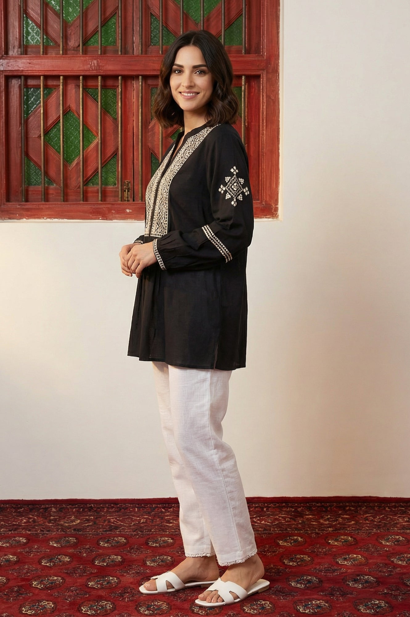 Black Ethnic Motifs Embroidered Straight Top