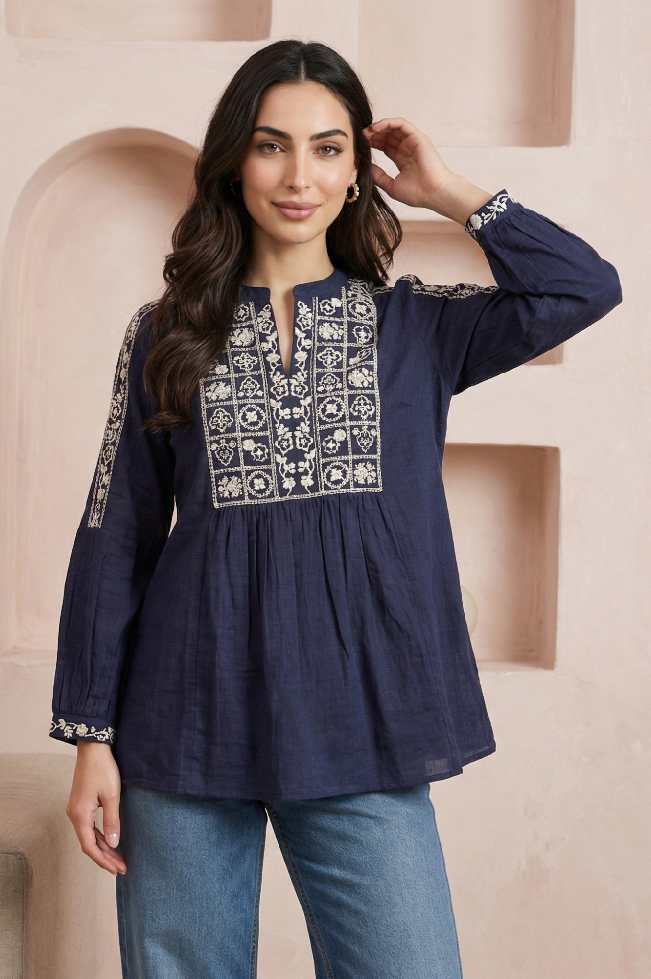 Navy Blue Thread Embroidered Pure Cotton A-line Top