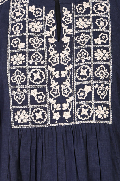 Navy Blue Thread Embroidered Pure Cotton A-line Top