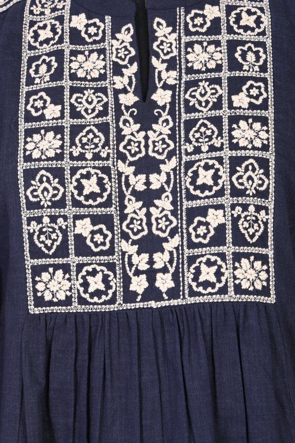 Navy Blue Thread Embroidered Pure Cotton A-line Top