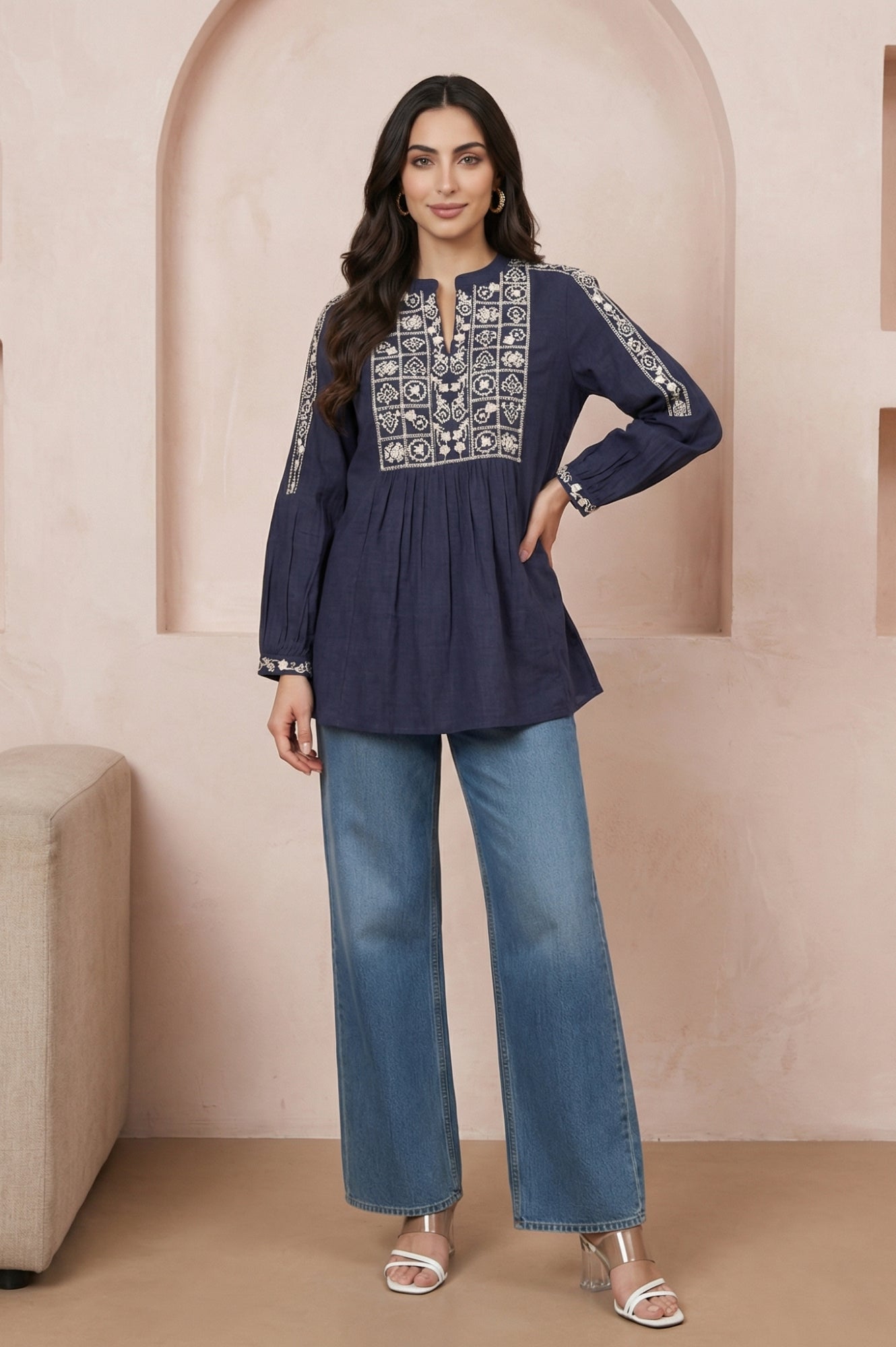 Navy Blue Thread Embroidered Pure Cotton A-line Top