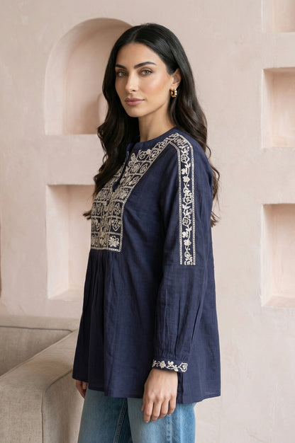 Navy Blue Thread Embroidered Pure Cotton A-line Top