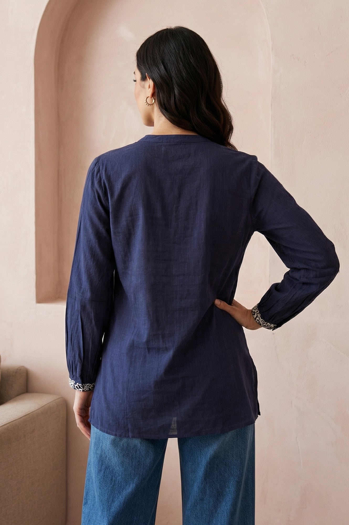 Navy Blue Thread Embroidered Pure Cotton A-line Top