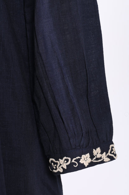 Navy Blue Thread Embroidered Pure Cotton A-line Top