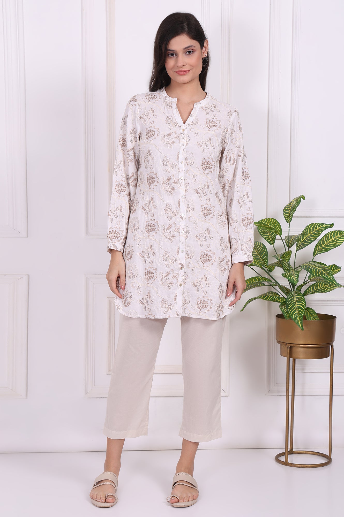 White Thread Embroidered Rayon Straight Tunic