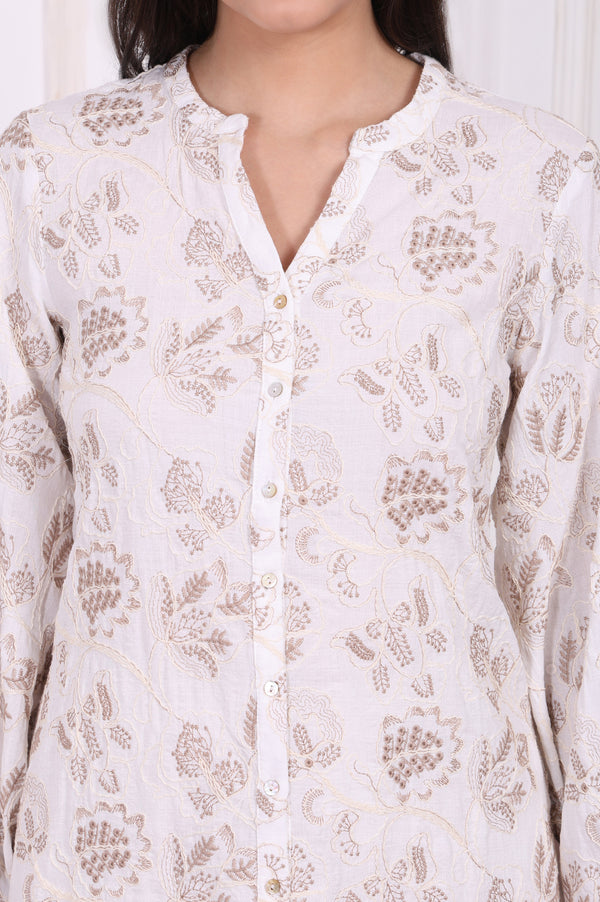 White Thread Embroidered Rayon Straight Tunic